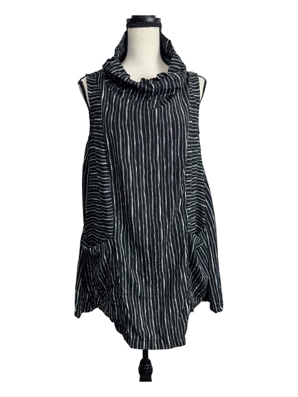 Liv Sleeveless Black Striped Cowl Neck Tunic Lagenlook Art to Wear Artsy XS